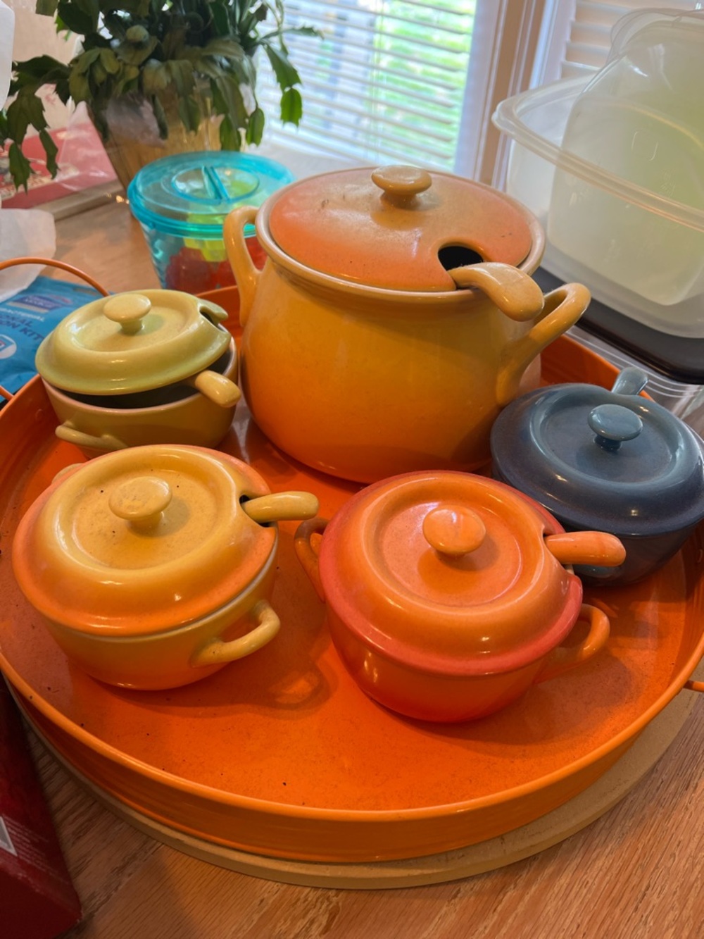 Colorful Ceramic Cocotte Set - Orange, Yellow, Blue & Green